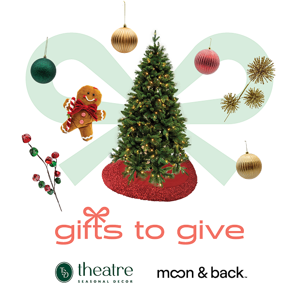 A Christmas graphic featuring an illuminated tree on a red skirt, surrounded by a gingerbread man, a green bauble, a red bauble, two gold baubles, and gold starbursts, all layered over a light green ribbon shape. The logos for the organisers Gifts to Give, Theatre Seasonal Decor and Moon & Back are present.