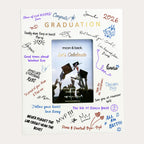 A matte white graduation photo frame with a central insert showing a graduation scene, surrounded by colorful handwritten-style text and doodles celebrating the milestone.