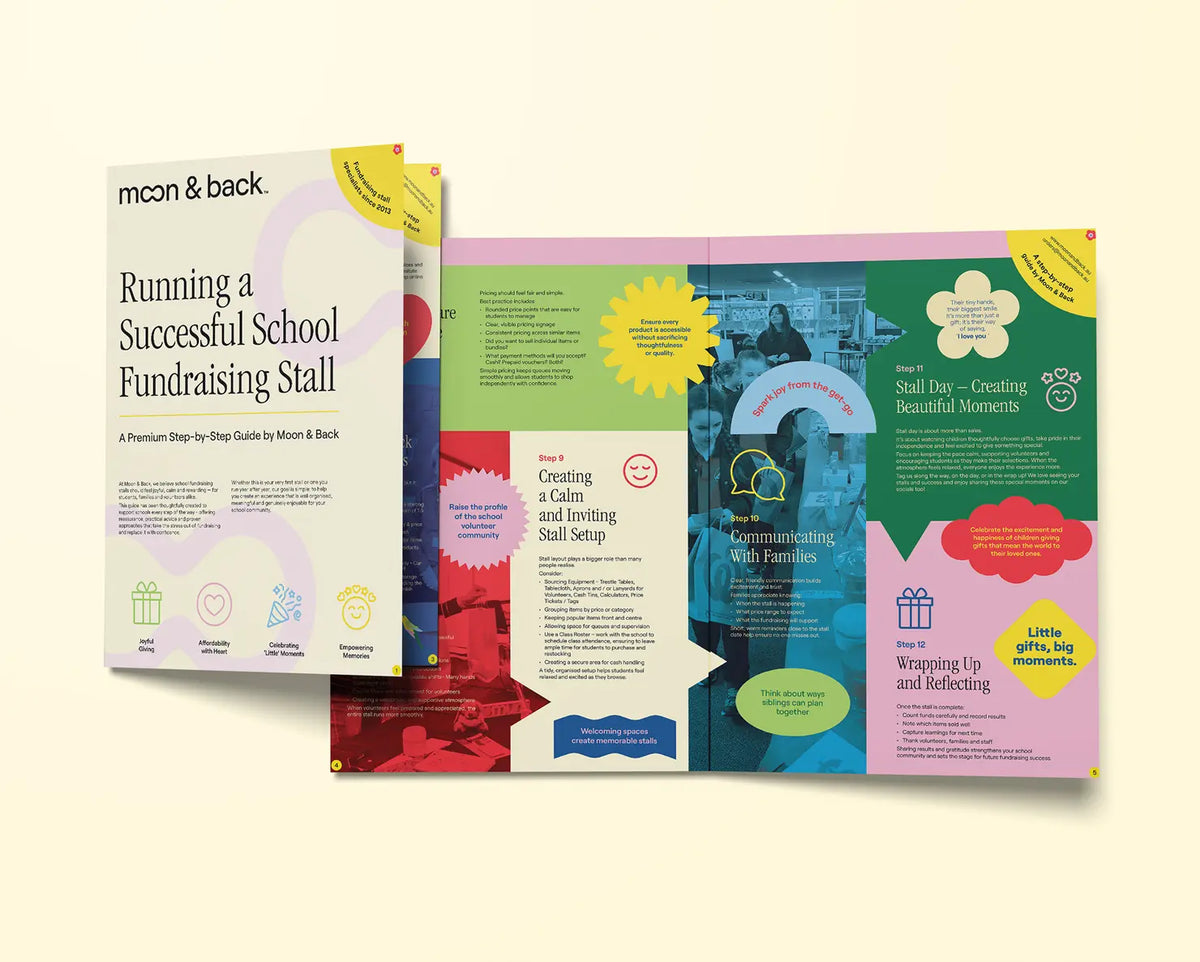 The cover and inside spread of Moon & Back's brochure titled 'Running a Successful School Fundraising Stall'. The cover features a light background with pastel pink and yellow accents, while the inside spread displays various tips for organizing a stall, including 'Creating a Calm and Inviting Stall Setup' and 'Communicating With Families,' with colourful illustrations and text.