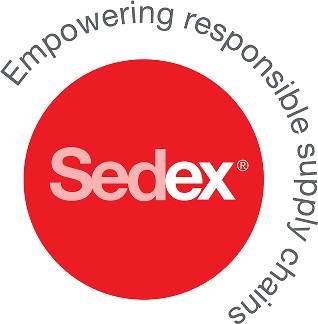 This image features the Sedex logo, which consists of a red circle with the word "Sedex" written in white, bold lettering inside. Curved around the top and right side of the circle is the text "Empowering responsible supply chains" in a gray font.
